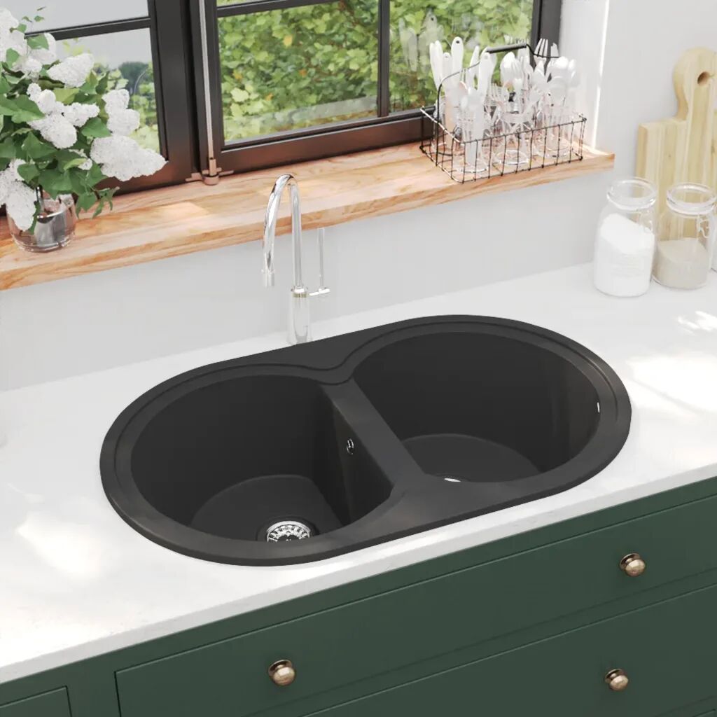 vidaXL dobbelt køkkenvask oval granit sort