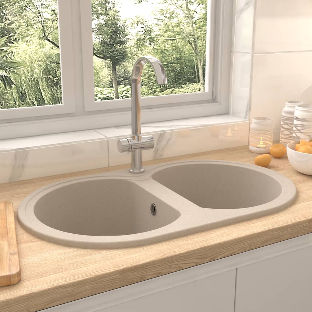 vidaXL dobbelt køkkenvask oval granit beige vidaXL dobbelt køkkenvask oval granit beige