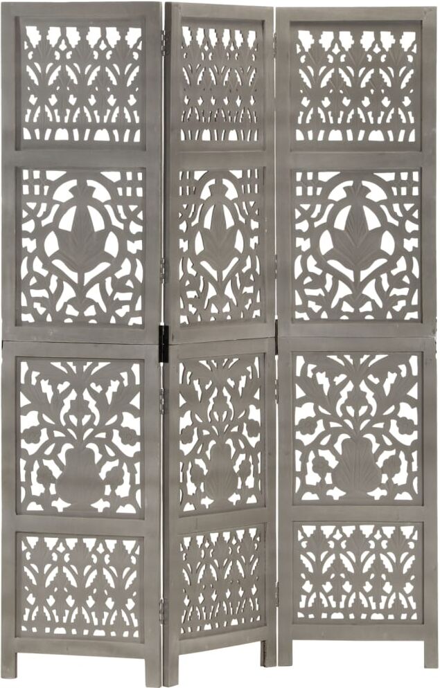vidaXL 3-panels rumdeler håndskåret 120 x 165 cm massivt mangotræ grå vidaXL 3-panels rumdeler håndskåret 120 x 165 cm massivt mangotræ grå
