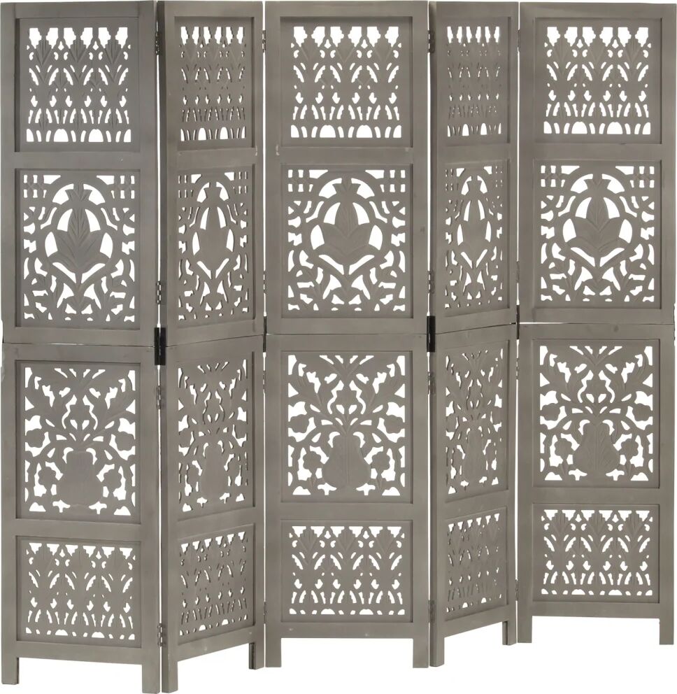 vidaXL 5-panels rumdeler håndskåret 200 x 165 cm massivt mangotræ grå vidaXL 5-panels rumdeler håndskåret 200 x 165 cm massivt mangotræ grå