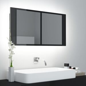 vidaXL badeværelsesskab m. spejl+LED-lys 90x12x45 akryl sort højglans