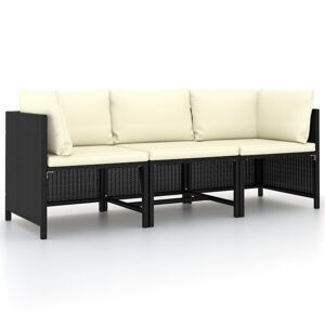 vidaXL 3-personers havesofa med hynder polyrattan sort