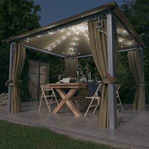 vidaXL pavillon med gardin + LED-lyskæde 300x300 cm aluminium gråbrun