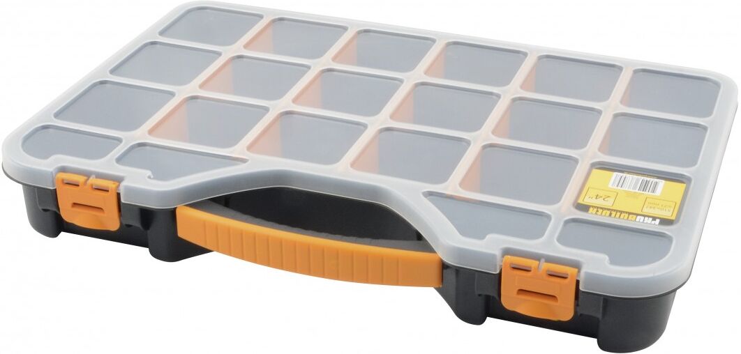 Sortimentsæske 24" med håndtag og 20 rum. 510x347x71 mm. Farve sort, gul og tran Sortimentsæske 24" med håndtag og 20 rum. 510x347x71 mm. Farve sort, gul og tran