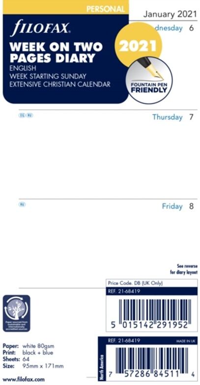 Filofax Personal Week on two pages English Sunday start 2021 diary Filofax Personal Week on two pages English Sunday start 2021 diary