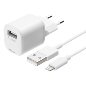 Deltaco 230v Usb Lader - 2.4a/12w + Lightning Kabel - 1 M