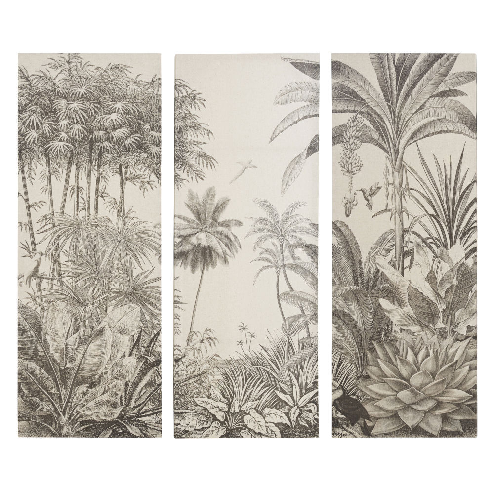 Maisons du Monde Tríptico con lienzo con estampado de jungla negro y beige 45 x 120