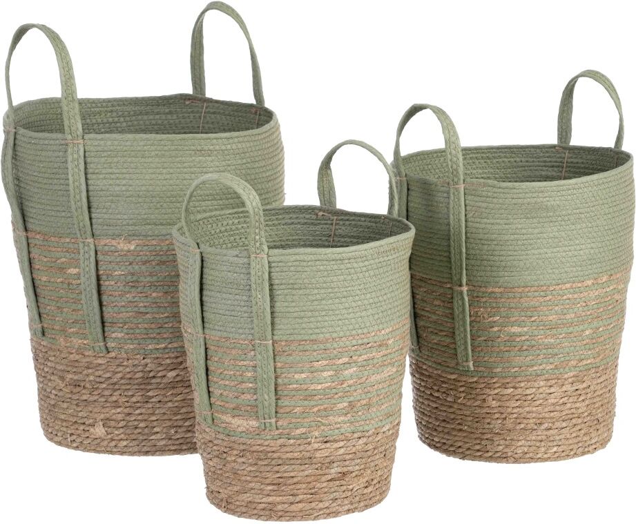 LolaHome Set de 3 cestas de fibra natural trenzada verde y natural con asas