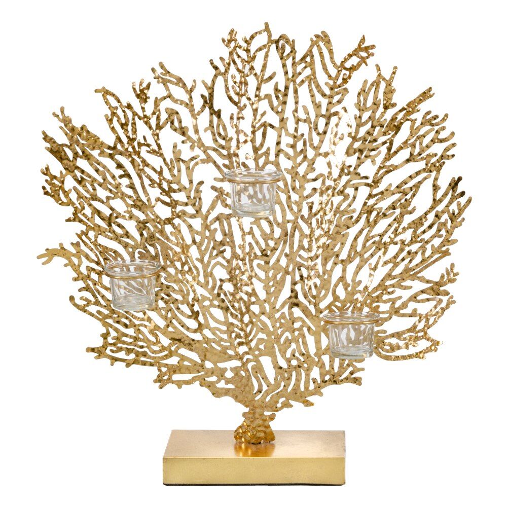 LolaHome Portavelas coral para 3 velas dorado de metal de 48x12x50 cm