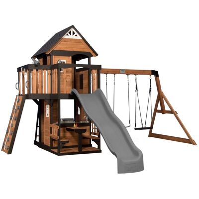Backyard Discovery Área de juegos de madera con tobogán, columpio y rocódromo Backyard Discovery Área de juegos de madera con tobogán, columpio y rocódromo
