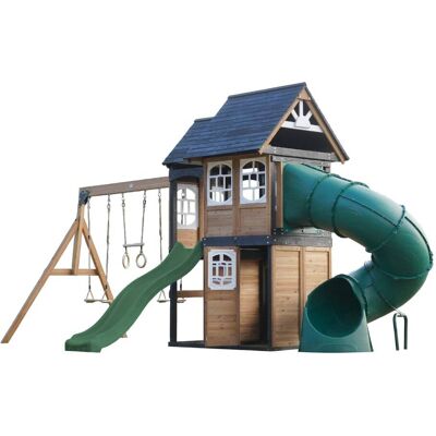 Axi Parque infantil de madera, 2 columpios - tobogán verde y tubular Axi Parque infantil de madera, 2 columpios - tobogán verde y tubular
