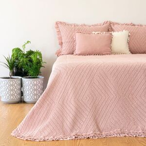 Casa da Laura Colcha rosa palo con volante, 100% algodón, 240x260 cm camas 160 cm