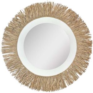 NATYAL Espejo decorativo de madera blanca y flecos de rafia 65 cm