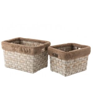 LANADECO Set de 2 cestas rectangular+piel imitación ratán marrón