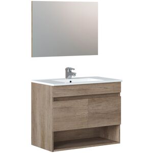 HOMN Mueble de baño suspendido 2 puertas, espejo y lavabo PMMA, 80 cm