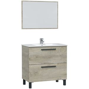 HOMN Mueble de baño 2 cajones, espejo y con lavabo cerámico, 80 cm