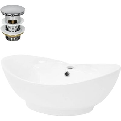 ECD Germany Lavamanos ovalado de ceramica blanca sobre encimera con desagüe ECD Germany Lavamanos ovalado de ceramica blanca sobre encimera con desagüe