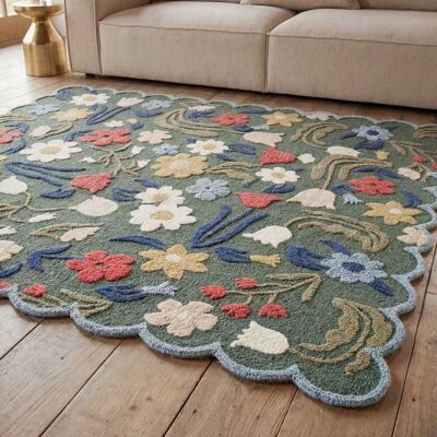 Maisons du Monde Alfombra de lana verde con flores y borde festoneado, 160x230 cm Maisons du Monde Alfombra de lana verde con flores y borde festoneado, 160x230 cm