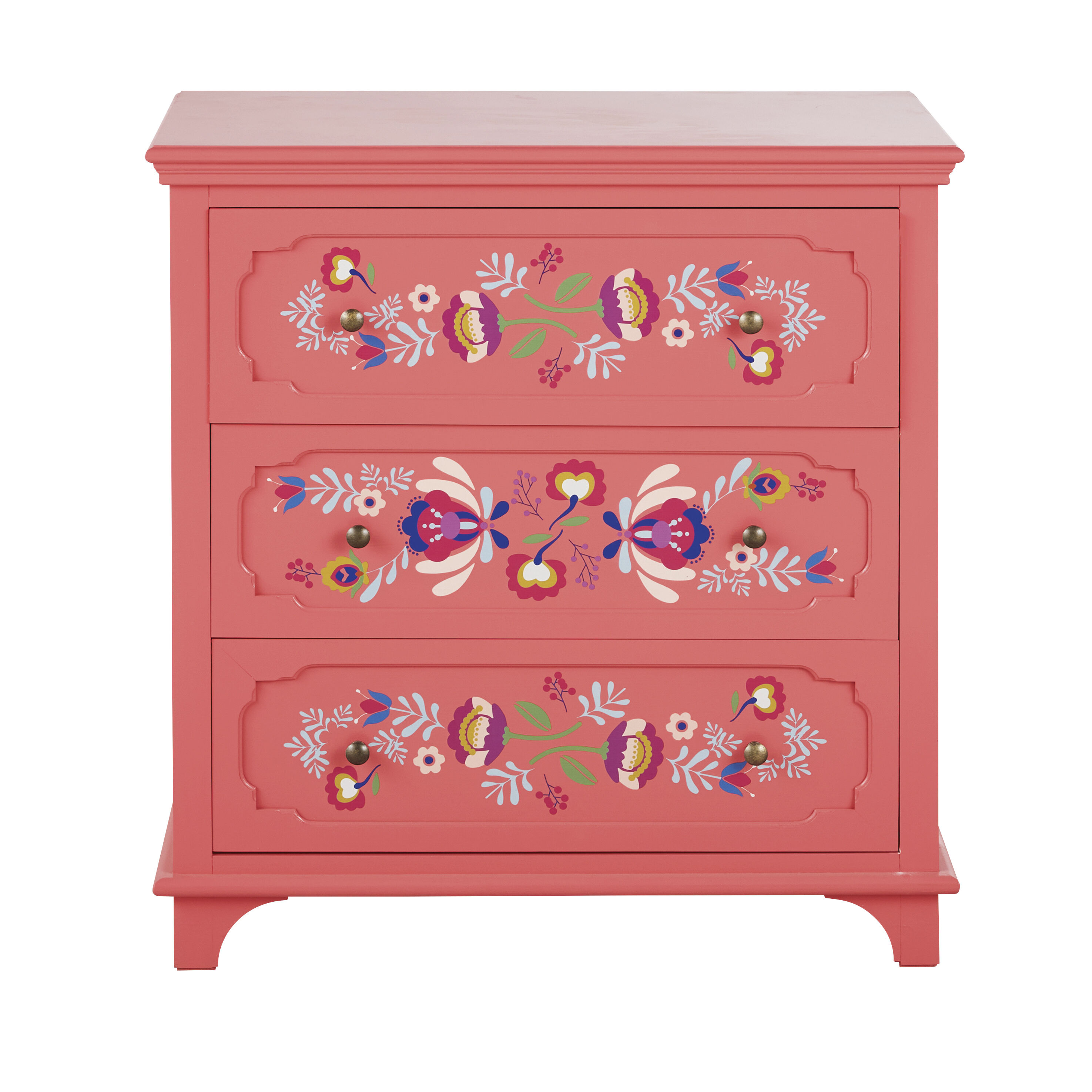 Maisons du Monde Cómoda con 3 cajones rosa con detalles decorativos multicolor