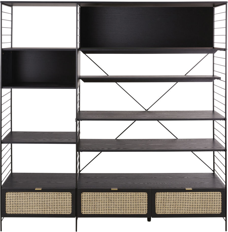 Maisons du Monde Librería y mueble de TV con 3 puertas de metal negro y rejilla de mimbre