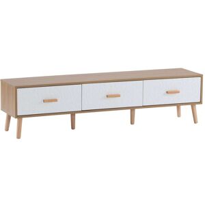 MODFU Mueble TV con puertas retro y 3 cajones, 150 cm, blanco/madera clara MODFU Mueble TV con puertas retro y 3 cajones, 150 cm, blanco/madera clara