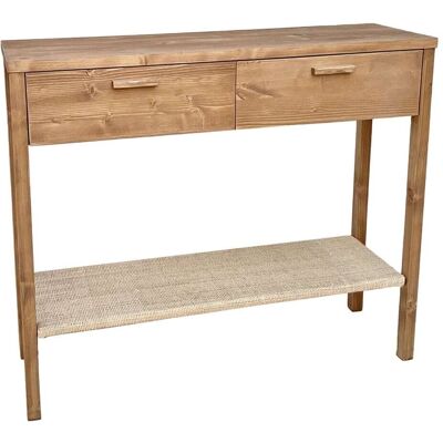 NATYAL Mesa de recibidor de madera tono roble 2 cajones y balda de rafia 80cm NATYAL Mesa de recibidor de madera tono roble 2 cajones y balda de rafia 80cm