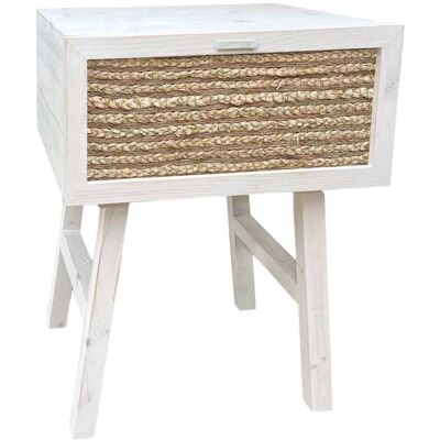NATYAL Mesita de noche de madera en blanco envejecido con cajón de yute 45cm NATYAL Mesita de noche de madera en blanco envejecido con cajón de yute 45cm