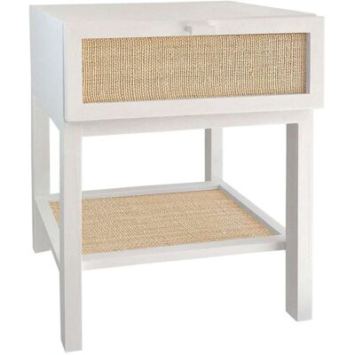 NATYAL Mesita de noche de madera maciza blanca con balda y cajón de rafia NATYAL Mesita de noche de madera maciza blanca con balda y cajón de rafia