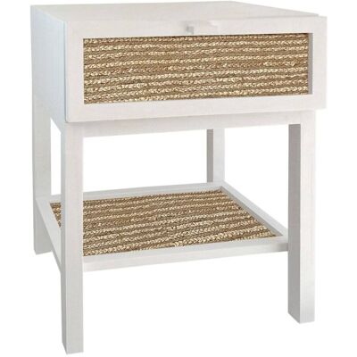 NATYAL Mesita de noche de madera maciza blanca con balda y cajón de yute NATYAL Mesita de noche de madera maciza blanca con balda y cajón de yute