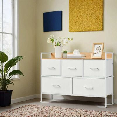 SONGMICS Cama de Tela con 5 Cajones, Blanco + Roble SONGMICS Cama de Tela con 5 Cajones, Blanco + Roble
