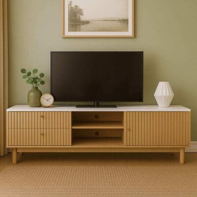 Concept Usine Mueble tv con aspecto de madera ranurada y blanco con cajones y armari Concept Usine Mueble tv con aspecto de madera ranurada y blanco con cajones y armari
