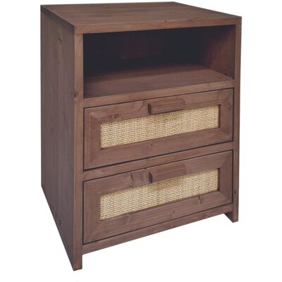 NATYAL Mesita de noche de madera y rafia natural 2 cajones tono oscuro 40cm NATYAL Mesita de noche de madera y rafia natural 2 cajones tono oscuro 40cm