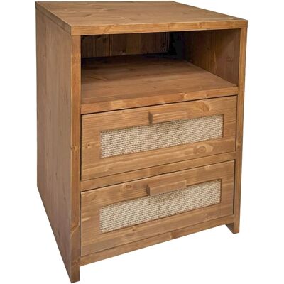 NATYAL Mesita de noche de madera maciza y rafia natural 2 cajones roble 40cm NATYAL Mesita de noche de madera maciza y rafia natural 2 cajones roble 40cm