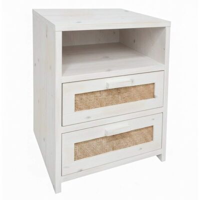 NATYAL Mesita de noche madera rafia natural 2 cajones blanco envejecido 40cm NATYAL Mesita de noche madera rafia natural 2 cajones blanco envejecido 40cm