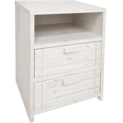 NATYAL Mesita de noche de madera maciza con 2 cajones blanco envejecido 40cm NATYAL Mesita de noche de madera maciza con 2 cajones blanco envejecido 40cm