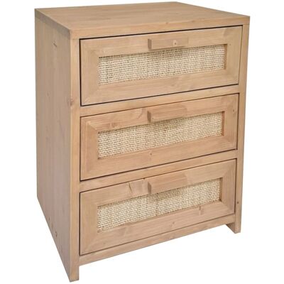 NATYAL Mesita de noche de madera y rafia natural 3 cajones tonos claros 40cm NATYAL Mesita de noche de madera y rafia natural 3 cajones tonos claros 40cm
