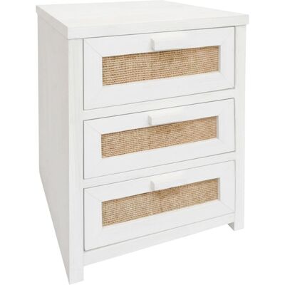 NATYAL Mesita de noche de madera y rafia natural 3 cajones tono blanco 40cm NATYAL Mesita de noche de madera y rafia natural 3 cajones tono blanco 40cm