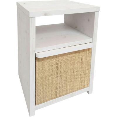 NATYAL Mesita de noche de madera blanco envejecido cajón rafia natural 40cm NATYAL Mesita de noche de madera blanco envejecido cajón rafia natural 40cm