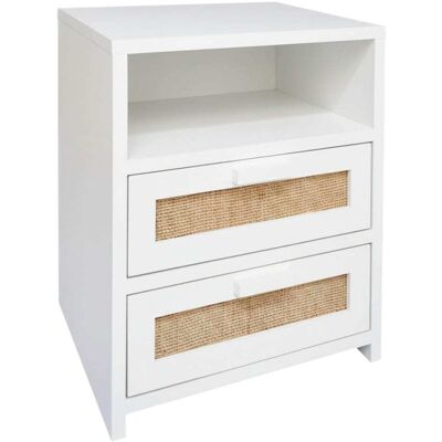 NATYAL Mesita de noche de madera y rafia natural 2 cajones tono blanco 40cm NATYAL Mesita de noche de madera y rafia natural 2 cajones tono blanco 40cm
