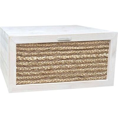 NATYAL Mesita de noche suspendida madera blanco envejecido cajón de yute 40cm NATYAL Mesita de noche suspendida madera blanco envejecido cajón de yute 40cm