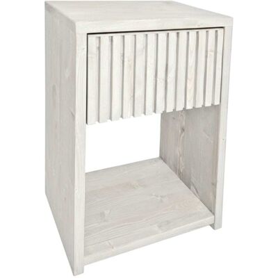 NATYAL Mesita de noche de madera con cajón alistonado blanco envejecido 40cm NATYAL Mesita de noche de madera con cajón alistonado blanco envejecido 40cm