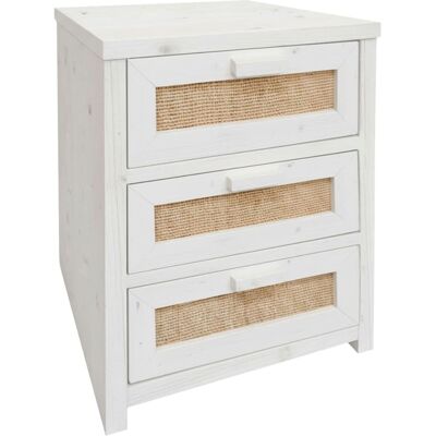 NATYAL Mesita de noche madera rafia natural 3 cajones blanco envejecido 40cm NATYAL Mesita de noche madera rafia natural 3 cajones blanco envejecido 40cm