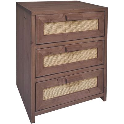 NATYAL Mesita de noche de madera y rafia natural 3 cajones tono oscuro 40cm NATYAL Mesita de noche de madera y rafia natural 3 cajones tono oscuro 40cm