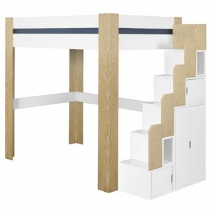 ID Kids Cama alta con escalera madera maciza  blanco y madera 90x190 cm