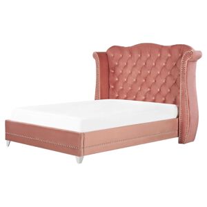 Beliani Cama matrimonial en poliéster aterciopelado rosa 140x200