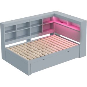 Urban Meuble Sofá cama doble de madera maciza gris con cajones y led Urban Meuble Sofá cama doble de madera maciza gris con cajones y led