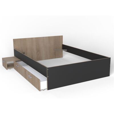 Weber Cama con mesilla de noche y 1 cajón, efecto madera y negro, 140x190 Weber Cama con mesilla de noche y 1 cajón, efecto madera y negro, 140x190
