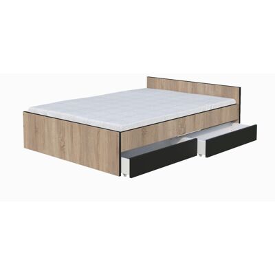 Weber - KAPPA - Negro y roble blanqueado - 140x190 - Cama Weber - KAPPA - Negro y roble blanqueado - 140x190 - Cama