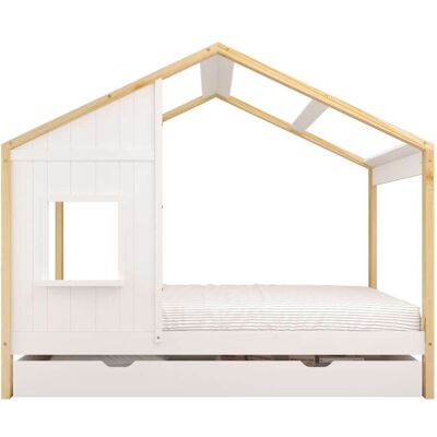 Sunny Cama cabaña con cajón de almacenamiento, marrón y blanco, sin colchón Sunny Cama cabaña con cajón de almacenamiento, marrón y blanco, sin colchón