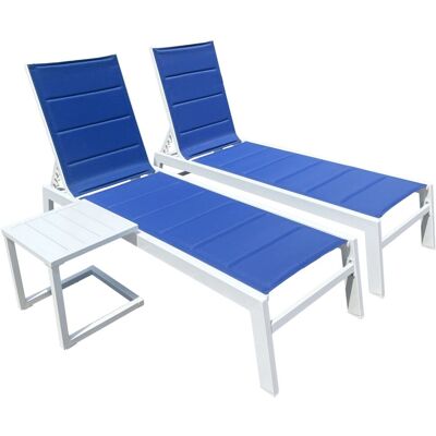 Happy Garden Lote de 2 tumbonas de textileno azul aluminio blanco y mesa auxiliar Happy Garden Lote de 2 tumbonas de textileno azul aluminio blanco y mesa auxiliar